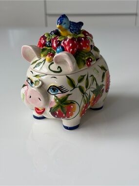 Blue Sky Heather J. McCall 2004 Hand-Painted Strawberry Pig Sugar Bowl Jam Pot